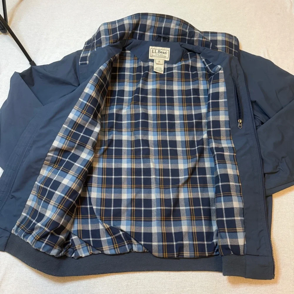 LL Bean Warm-Up Jacket Mens M Tall Blue Flannel Lined Bomber Full Zip 500396